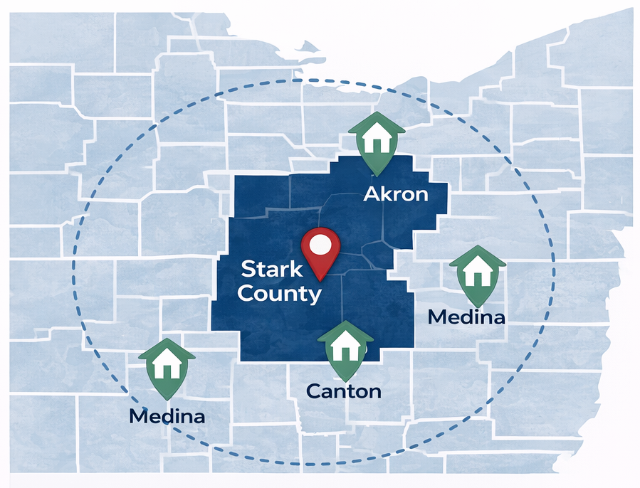 Family First Remodeling service area map showing Stark County and surrounding communities